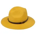Foldable bright yellow straw Panama hat with studded black band and gold buckle - 56-58cm / With Rivet Decoration Band (337-M) / Yellow