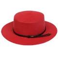 Red straw boater hat with black woven band and metal buckle for summer beach wear - Braided Rope Style (309A)