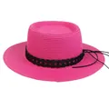 Flat top straw boater hat in magenta pink with black decorative band for summer - 56-58cm / Black Woven Band (043L) / Rose Red