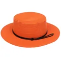 Bright orange woven straw boater hat with black cord detail and metallic accents - Braided Rope Style (309B)