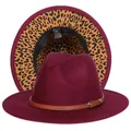 Cappello Fedora bordeaux con sottotesa leopardata e cinturino in pelle con fibbia - Taglia unica(56-58cm) / Rosso Vino (237-I)
