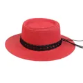 Elegant red straw boater hat with black woven band and flat top for summer beach vacations - 56-58cm / Black Woven Band (043M) / Red