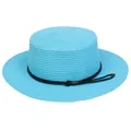 Women's bright blue flat top straw boater hat with black woven band and metal trim - Braided Rope Style (309C)