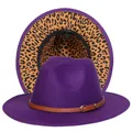 Cappello fedora viola scuro con cinturino in pelle marrone e tesa maculata leopardata - Taglia unica(56-58cm) / Viola (237-L)