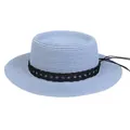 Flat top straw hat in light blue with black decorative band and side tie for summer - 56-58cm / Black Woven Band (043N) / Sky Blue