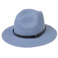 Light blue wide brim Panama straw hat with black leather band and metal buckle - 56-58cm / With Rivet Decoration Band (337-P) / Sky Blue
