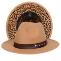 Cappello Fedora cammello con fodera leopardata e nastro in ecopelle con borchie - Taglia unica(56-58cm) / Cachi (239-F)