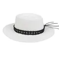 French style white straw boater hat with black woven leather band for summer vacations - 56-58cm / Black Woven Band (043T) / Pure White