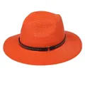 Foldable orange Panama straw hat featuring a brown studded leather band with a metal ring - 56-58cm / With Rivet Decoration Band (337-Q) / Orange