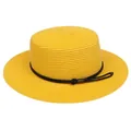 Elegant yellow woven straw boater hat featuring a black cord detail for women's beachwear - Braided Rope Style (309F)