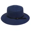 Navy blue boater hat with wide flat brim and decorative black woven band detail - Braided Rope Style (309G)
