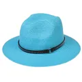 Foldable bright blue Panama straw hat for women with studded black leather band - 56-58cm / With Rivet Decoration Band (337-T) / Lake Blue