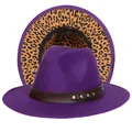 Cappello Fedora viola con cinturino in pelle marrone e fodera leopardata trendy - Taglia unica(56-58cm) / Viola (239-L)