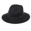 Foldable black Panama straw fedora hat with studded leather band for sun protection - 56-58cm / With Rivet Decoration Band (337-U) / Black