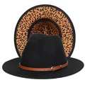 Classico cappello fedora nero con fascia in pelle marrone e fodera leopardata - Taglia unica(56-58cm) / Nero (237-D)