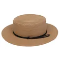 Summer flat top straw hat in light brown with decorative black cord and gold tips - Braided Rope Style (309K)