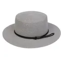 Light gray straw boater hat with black woven cord detail and wide flat brim for women - Braided Rope Style (309L)