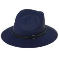 Navy blue wide brim Panama straw fedora hat with black leather rivet band decor - 56-58cm / With Rivet Decoration Band (337-W) / Navy Blue