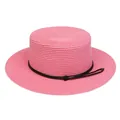 Pink straw boater hat with black woven band and elegant metal buckle detail - Braided Rope Style (309N)
