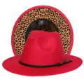 Cappello fedora in lana rossa con tesa leopardata e fascia intrecciata nera - Taglia unica(56-58cm) / Rosso (234-G)