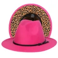 Cappello Fedora rosa con tesa leopardata e sottile nastro intrecciato nero elegante - Taglia unica(56-58cm) / Rosa Rosso (234-H)