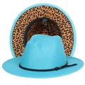 Cappello fedora celeste con tesa leopardata e cordoncino intrecciato nero elegante - Taglia unica(56-58cm) / Azzurro (234-J)