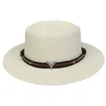 Eleganter Strohhut in Creme mit braunem Lederband und silbernem Stierschädel - Einheitsgröße(56-58cm) / Bullenkopf-Zierband (310G-Cremeweiß)