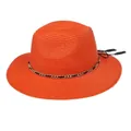 Bright orange woven straw Panama hat featuring a gold chain and tassel detail - 56-58cm / With Metal Chain and Tassel (338-Q) / Orange