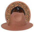 Cappello Fedora marrone a tesa larga con fodera interna audace a stampa leopardata - Taglia unica(56-58cm) / Cammello (233-E)