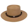 Flacher Strohhut in Hellbraun mit Lederband und silbernem Stierschädel-Anhänger - Einheitsgröße(56-58cm) / Bullenkopf-Zierband (310H-Khaki)
