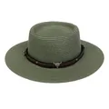 Dunkelgrüner Strohhut für Damen mit Lederband im Western-Stil und Stierschädel-Deko - Einheitsgröße(56-58cm) / Bullenkopf-Zierband (310I-Grün)