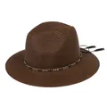 Dark brown straw Fedora hat with gold chain detail and flat brim for sun protection - 56-58cm / With Metal Chain and Tassel (338-L) / Coffee