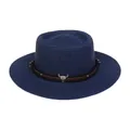 Dunkelblauer Strohhut mit flacher Krone, Lederband und silbernem Stierschädel-Anhänger - Einheitsgröße(56-58cm) / Bullenkopf-Zierband (310J-Marineblau)