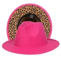 Cappello Fedora rosa acceso a tesa larga con elegante motivo leopardato interno - Taglia unica(56-58cm) / Rosa Rosso (233-H)