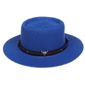 Königsblauer Strohhut für Damen mit Lederband und Metall-Stierkopf-Emblem-Detail - Einheitsgröße(56-58cm) / Bullenkopf-Zierband (310K-Blau)