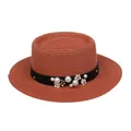 Brick red flat top straw hat with pearl and floral decorations for beach wear - 56-58cm / Pearl Flower Decoration (316D) / Caramel color