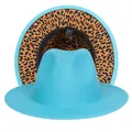 Cappello fedora blu ciano con elegante fodera leopardata all'interno della tesa - Taglia unica(56-58cm) / Azzurro (233-J)
