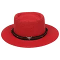 Roter Strohhut mit braunem Lederband und silbernem Stierkopf-Metall-Accessoire - Einheitsgröße(56-58cm) / Bullenkopf-Zierband (310M-Rot)