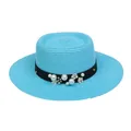 Sky blue flat top straw boater hat with black ribbon and elegant pearl flower trim - 56-58cm / Pearl Flower Decoration (316E) / Lake Blue