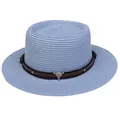 Hellblauer Strohhut mit flacher Krone, Lederband und silbernem Stierkopf-Anhänger - Einheitsgröße(56-58cm) / Bullenkopf-Zierband (310N-Himmelblau)