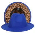 Cappello fedora blu reale con fodera leopardata e design classico a tesa larga piatta - Taglia unica(56-58cm) / Blu (233-K)