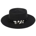 Elegant black boater straw hat for women with pearl and floral ribbon decoration - 56-58cm / Pearl Flower Decoration (316F) / Black