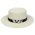 Women's cream boater straw hat with black ribbon, pearls and floral accents - 56-58cm / Pearl Flower Decoration (316G) / Cream