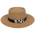 Khaki straw boater hat with black ribbon, white pearls and floral decorations - 56-58cm / Pearl Flower Decoration (316H) / Khaki