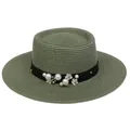 Deep green flat top straw sun hat with elegant pearl and floral band for women - 56-58cm / Pearl Flower Decoration (316I) / Green
