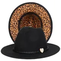 Cappello fedora nero in lana con fodera leopardata e fascia decorativa in pelle - Taglia unica(56-58cm) / Nero (236-D)