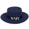 Navy blue wide brim straw hat for women with elegant pearl and white flower decor - 56-58cm / Pearl Flower Decoration (316J) / Navy Blue