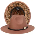 Cappello Fedora marrone con tesa leopardata interna e ciondolo a cuore in legno - Taglia unica(56-58cm) / Cammello (236-E)