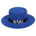 Blue straw boater hat with black ribbon, white flowers and pearl embellishments - 56-58cm / Pearl Flower Decoration (316K) / Blue