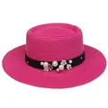 Elegant rose red straw sun hat with pearls, white flower decor and black ribbon trim - 56-58cm / Pearl Flower Decoration (316L) / Rose Red